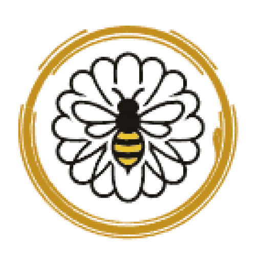 Logo der Imkerei Astrids Bienen: Biene auf einer Blüte